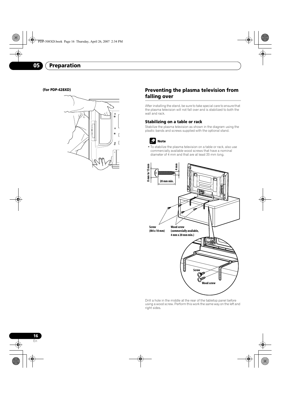 Preventing the plasma television from falling over, Preparation 05 | Pioneer PDP-428XD User Manual | Page 16 / 260