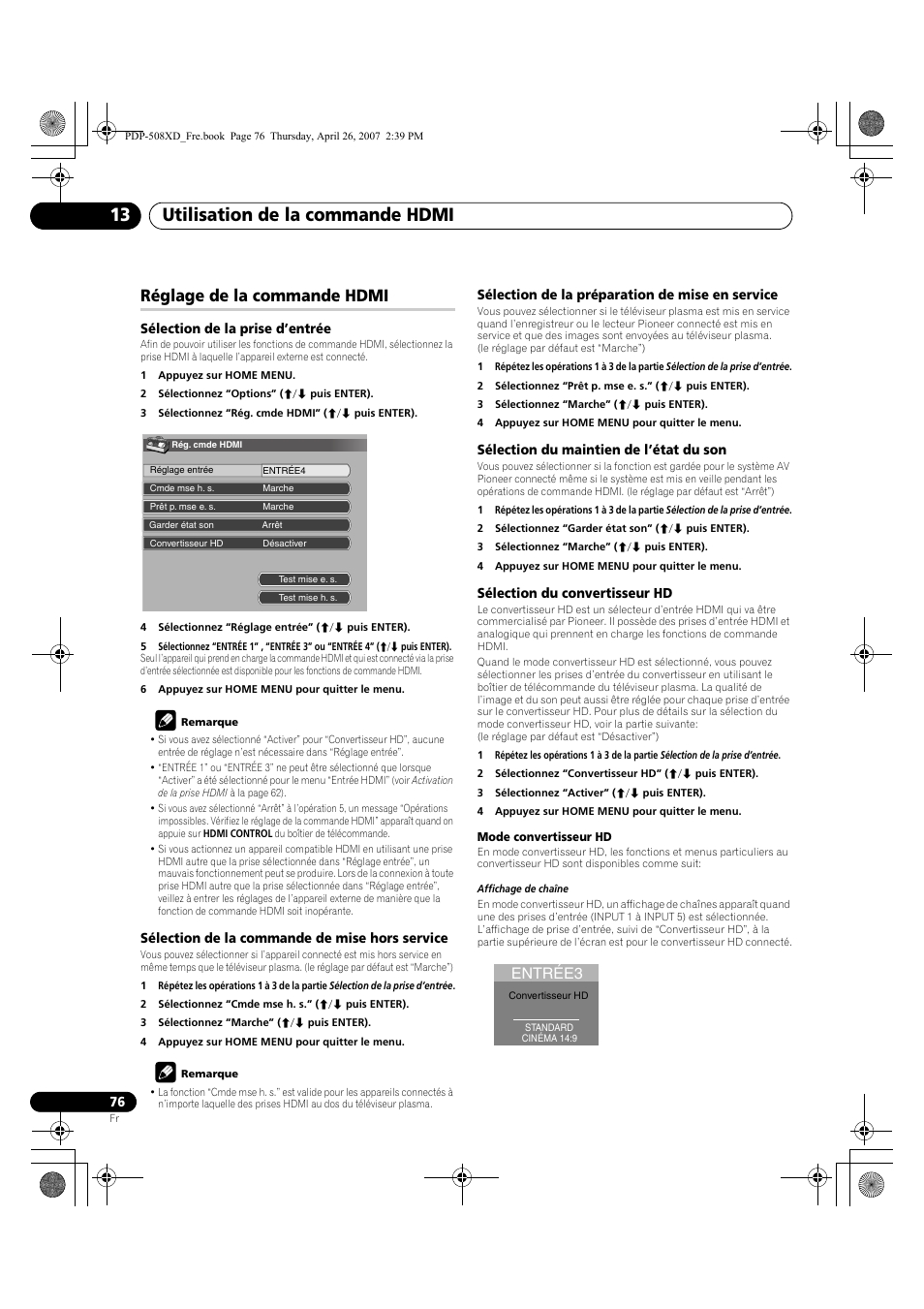 Réglage de la commande hdmi, Utilisation de la commande hdmi 13, Entrée3 | Pioneer PDP-428XD User Manual | Page 162 / 260