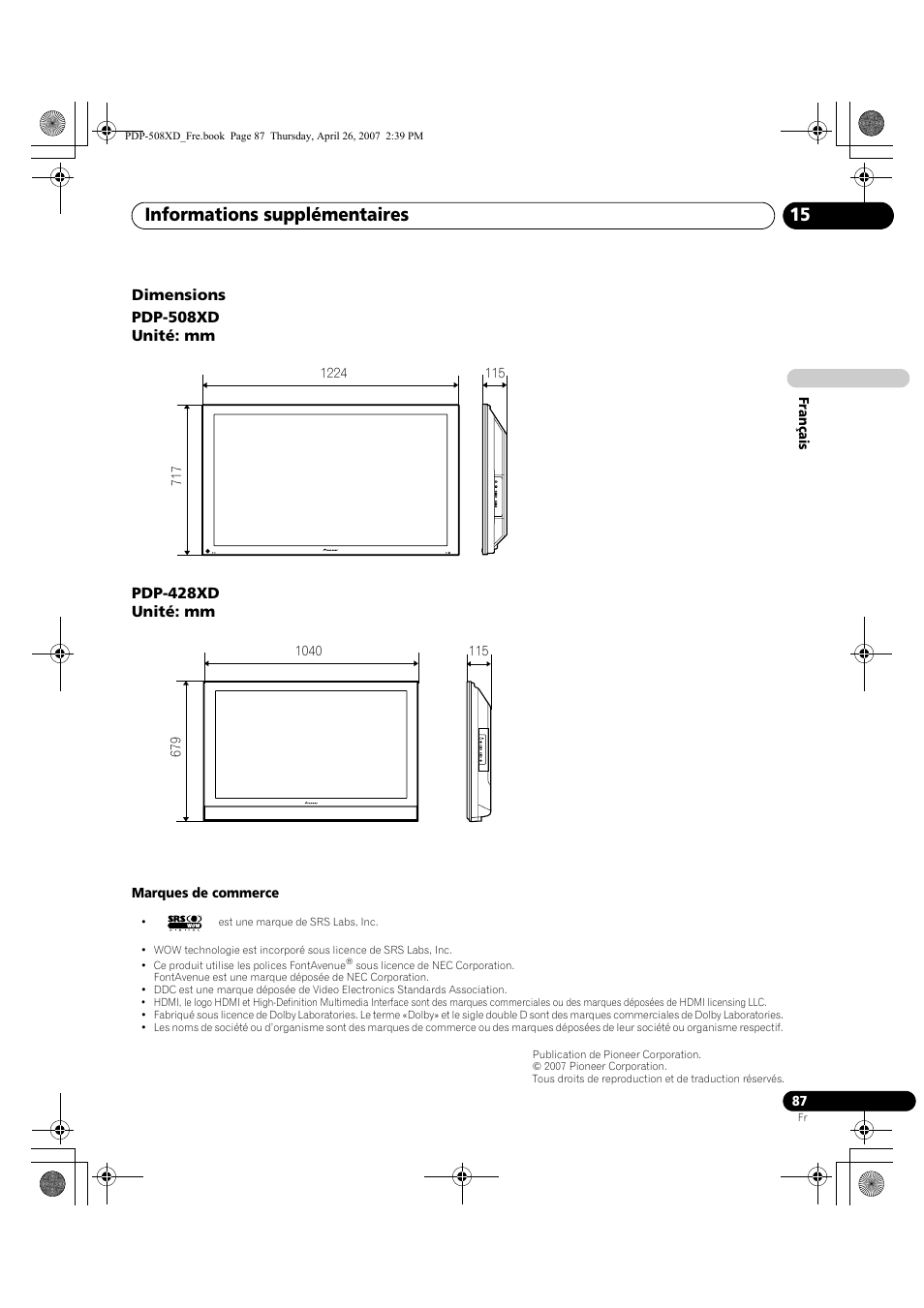 Informations supplémentaires 15 | Pioneer PDP-428XD User Manual | Page 173 / 260