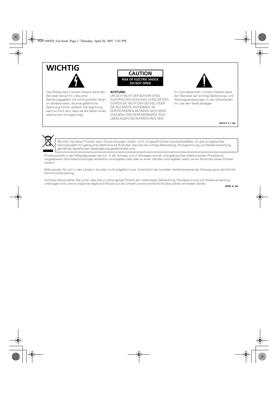 Wichtig, Caution | Pioneer PDP-428XD User Manual | Page 174 / 260