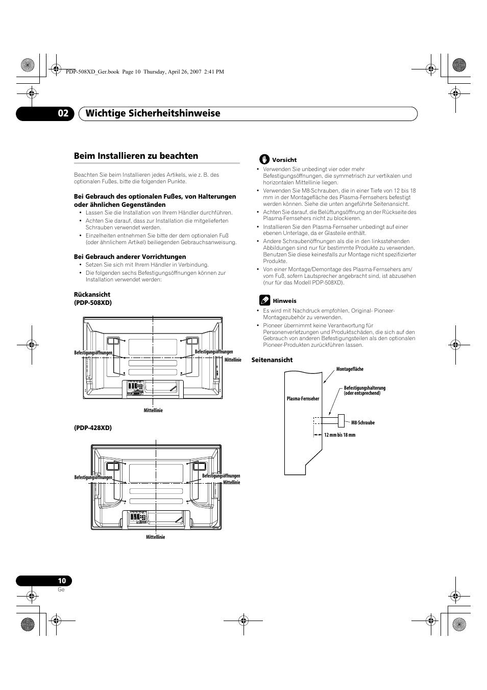 Beim installieren zu beachten, Wichtige sicherheitshinweise 02 | Pioneer PDP-428XD User Manual | Page 182 / 260