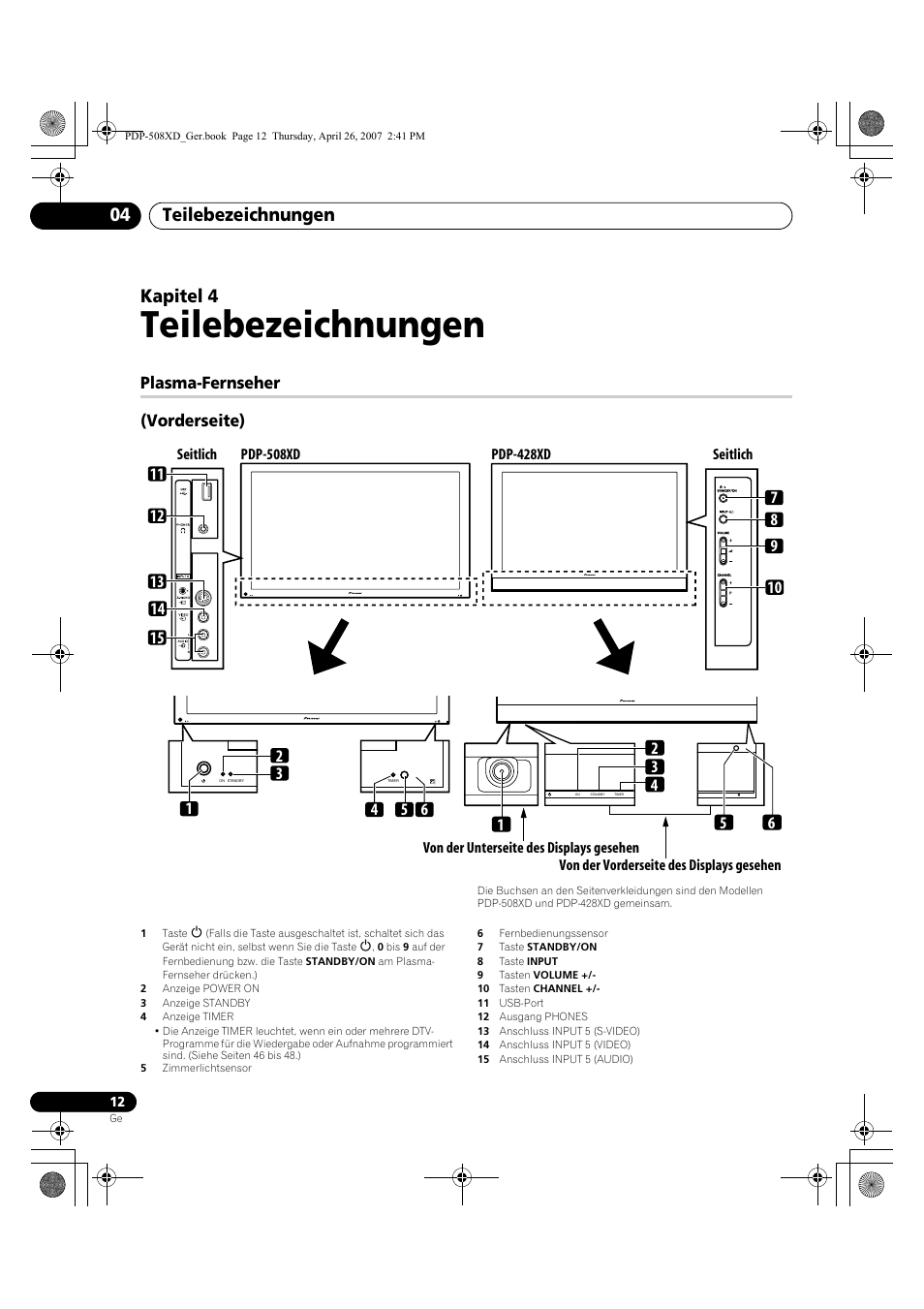 04 teilebezeichnungen, Plasma-fernseher, Teilebezeichnungen | Teilebezeichnungen 04, Kapitel 4, Plasma-fernseher (vorderseite) | Pioneer PDP-428XD User Manual | Page 184 / 260