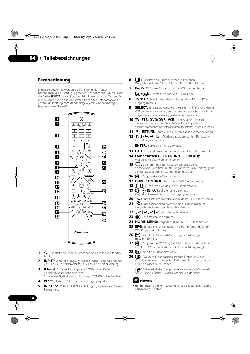 Fernbedienung, Teilebezeichnungen 04 | Pioneer PDP-428XD User Manual | Page 186 / 260