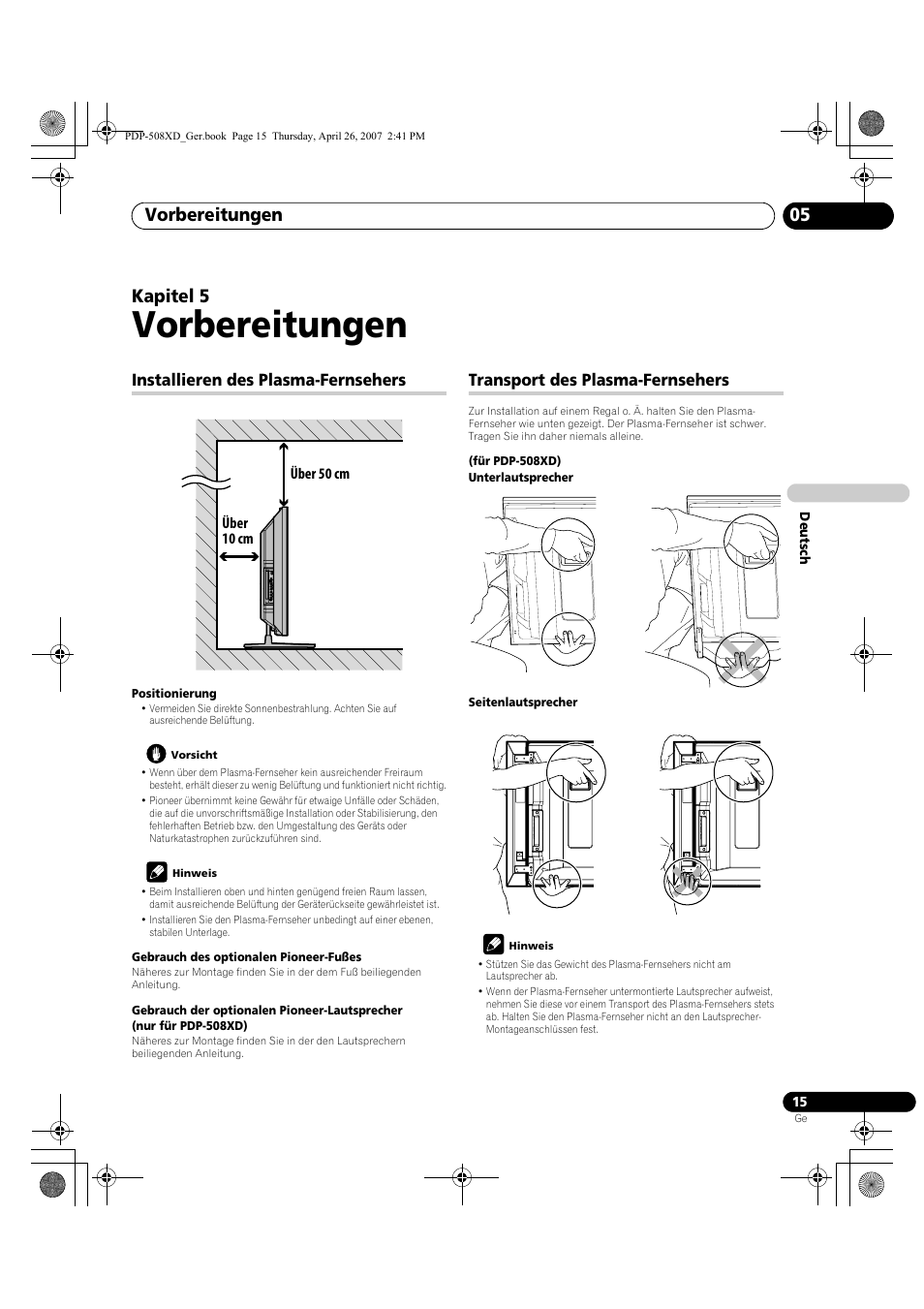 05 vorbereitungen, Vorbereitungen, Vorbereitungen 05 | Kapitel 5, Installieren des plasma-fernsehers, Transport des plasma-fernsehers | Pioneer PDP-428XD User Manual | Page 187 / 260