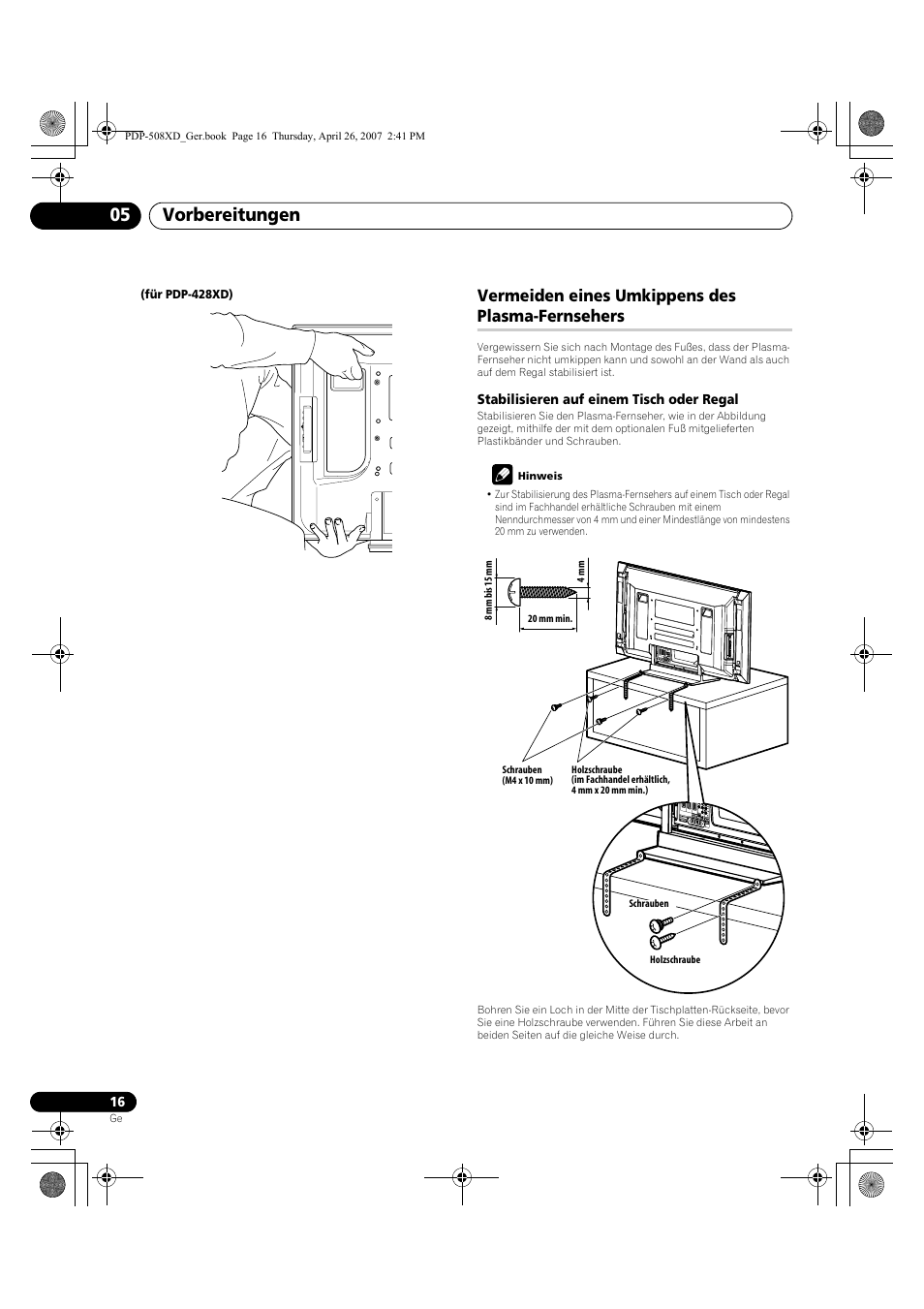 Vermeiden eines umkippens des, Plasma-fernsehers, Vorbereitungen 05 | Vermeiden eines umkippens des plasma-fernsehers | Pioneer PDP-428XD User Manual | Page 188 / 260