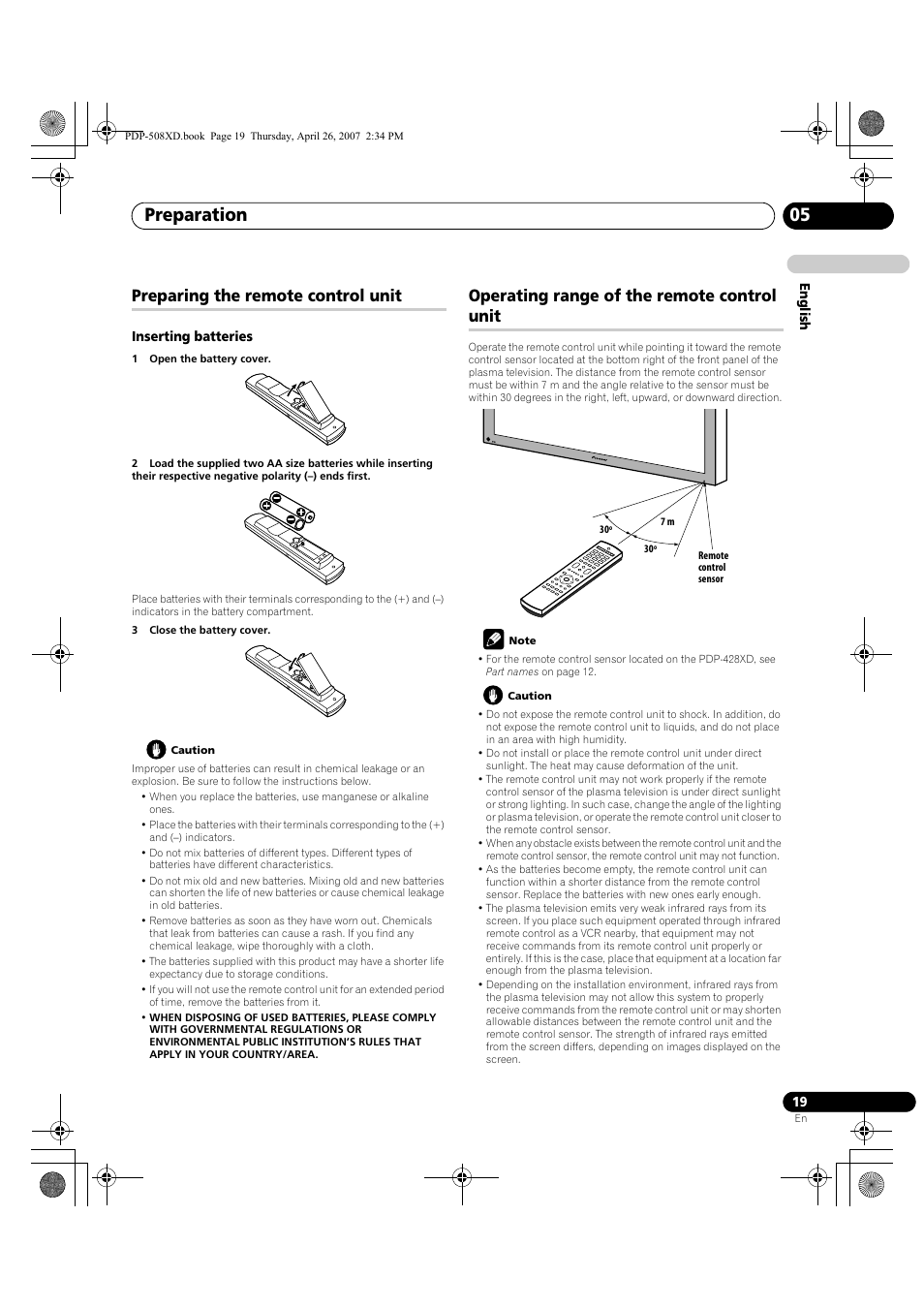 Preparation 05, Preparing the remote control unit, Operating range of the remote control unit | Pioneer PDP-428XD User Manual | Page 19 / 260