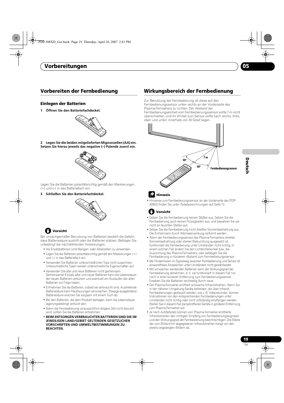 Vorbereitungen 05, Vorbereiten der fernbedienung, Wirkungsbereich der fernbedienung | Pioneer PDP-428XD User Manual | Page 191 / 260