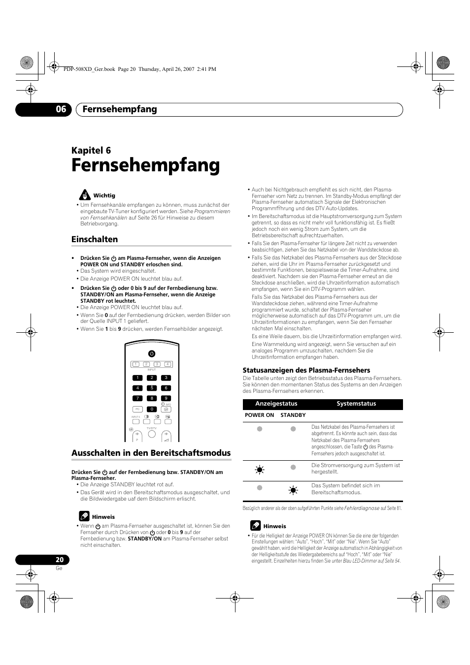 06 fernsehempfang, Einschalten ausschalten in den bereitschaftsmodus, Fernsehempfang | Fernsehempfang 06, Kapitel 6, Einschalten, Ausschalten in den bereitschaftsmodus | Pioneer PDP-428XD User Manual | Page 192 / 260
