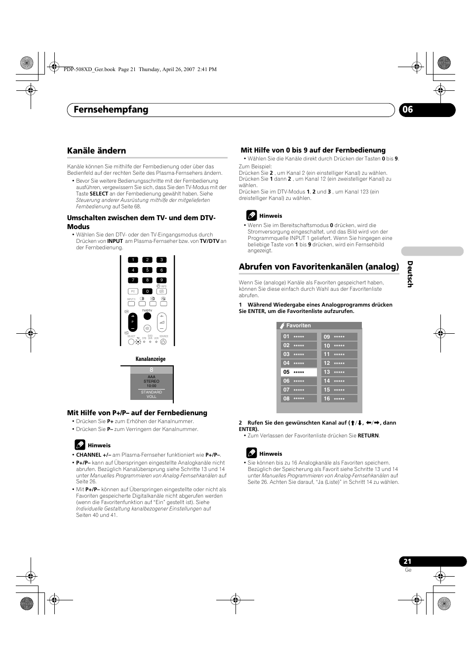 Fernsehempfang 06, Kanäle ändern, Abrufen von favoritenkanälen (analog) | Deut sch, Umschalten zwischen dem tv- und dem dtv- modus, Mit hilfe von p+/p– auf der fernbedienung, Mit hilfe von 0 bis 9 auf der fernbedienung | Pioneer PDP-428XD User Manual | Page 193 / 260