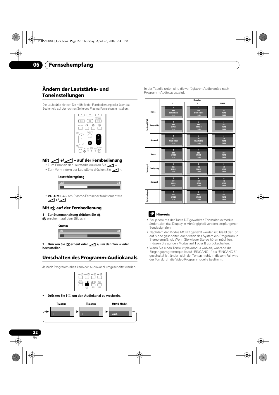 Fernsehempfang 06, Ändern der lautstärke- und toneinstellungen, Umschalten des programm-audiokanals | Mit i +/ i – auf der fernbedienung, Mit e auf der fernbedienung, Lautstärkeregelung stumm | Pioneer PDP-428XD User Manual | Page 194 / 260