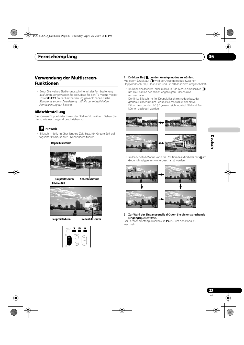 Verwendung der multiscreen-funktionen, Fernsehempfang 06, Verwendung der multiscreen- funktionen | Pioneer PDP-428XD User Manual | Page 195 / 260