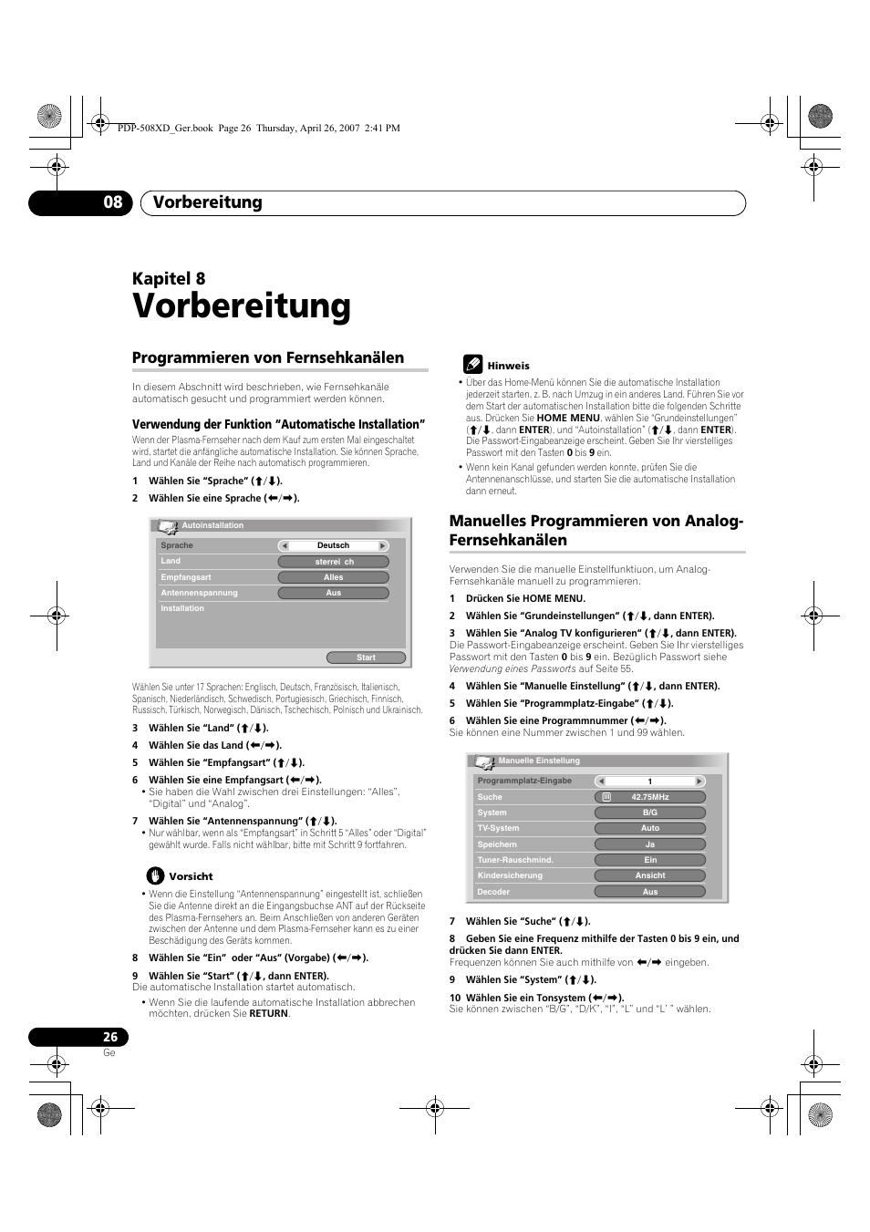 08 vorbereitung, Analog-fernsehkanälen, Vorbereitung | Vorbereitung 08, Kapitel 8, Programmieren von fernsehkanälen, Manuelles programmieren von analog- fernsehkanälen | Pioneer PDP-428XD User Manual | Page 198 / 260