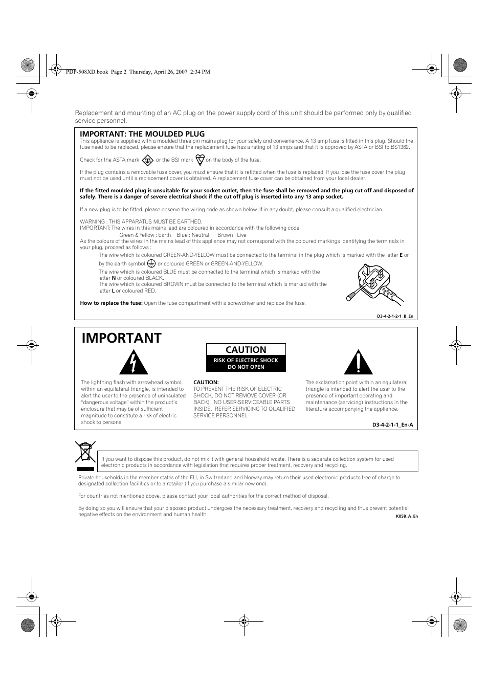 Important, Caution, Important: the moulded plug | Pioneer PDP-428XD User Manual | Page 2 / 260