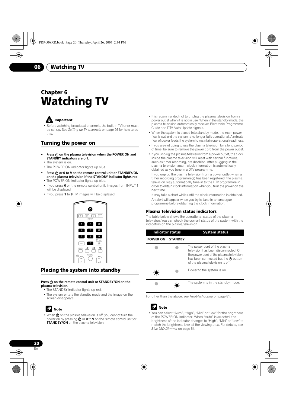 06 watching tv, Watching tv, Watching tv 06 | Chapter 6, Turning the power on, Placing the system into standby | Pioneer PDP-428XD User Manual | Page 20 / 260