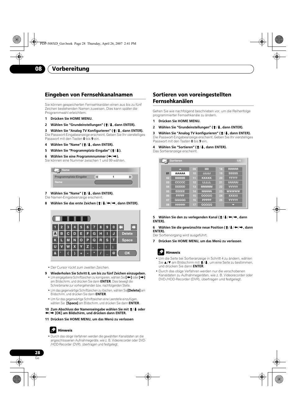 Vorbereitung 08, Eingeben von fernsehkanalnamen, Sortieren von voreingestellten fernsehkanälen | Pioneer PDP-428XD User Manual | Page 200 / 260