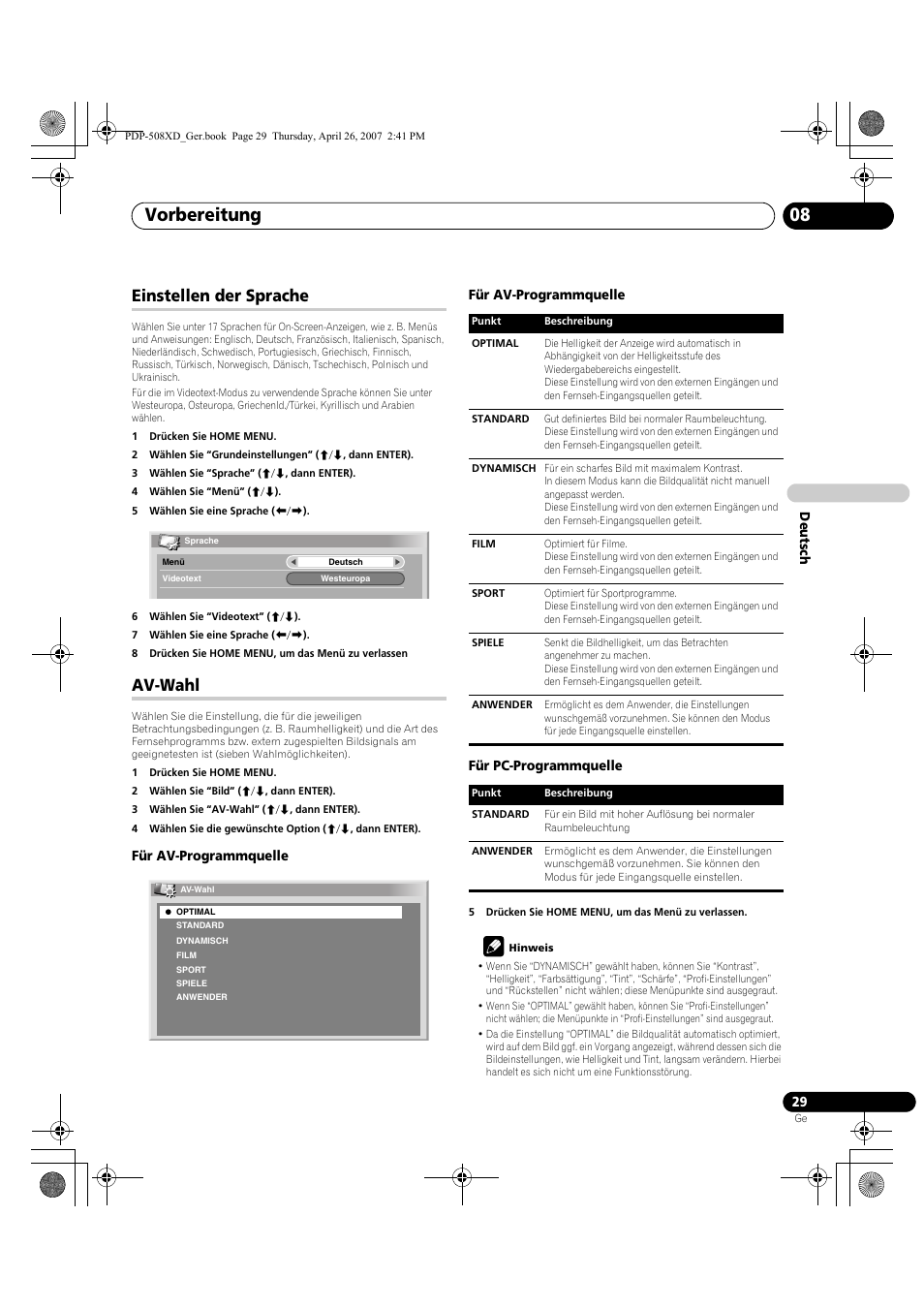 Einstellen der sprache av-wahl, Vorbereitung 08, Einstellen der sprache | Av-wahl | Pioneer PDP-428XD User Manual | Page 201 / 260