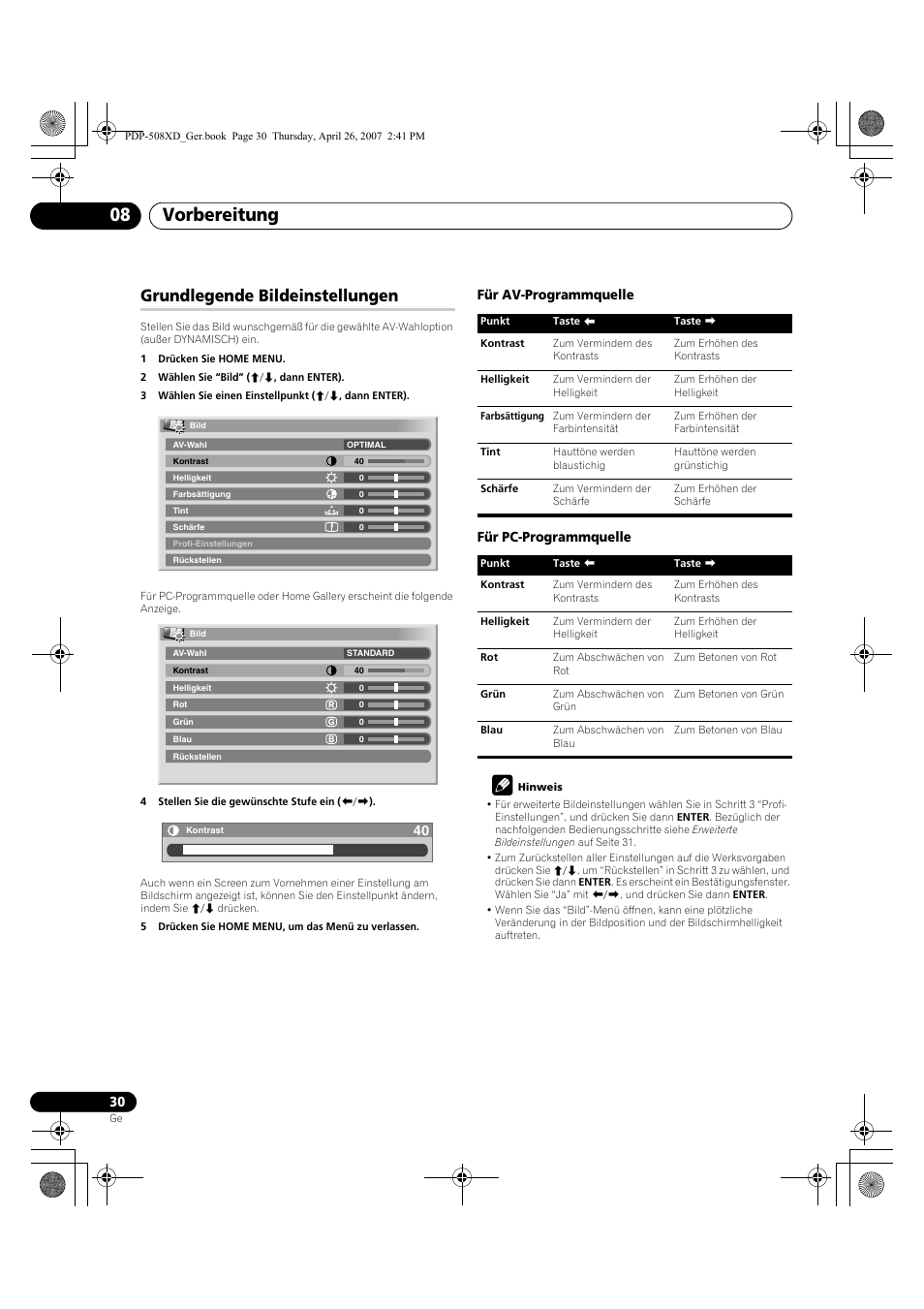 Grundlegende bildeinstellungen, Vorbereitung 08, Für av-programmquelle für pc-programmquelle | Pioneer PDP-428XD User Manual | Page 202 / 260