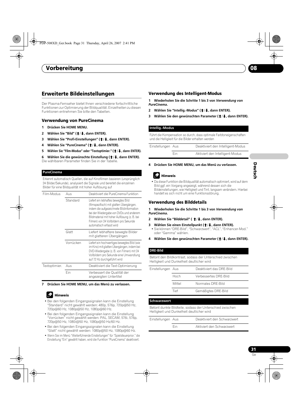 Erweiterte bildeinstellungen, Vorbereitung 08 | Pioneer PDP-428XD User Manual | Page 203 / 260