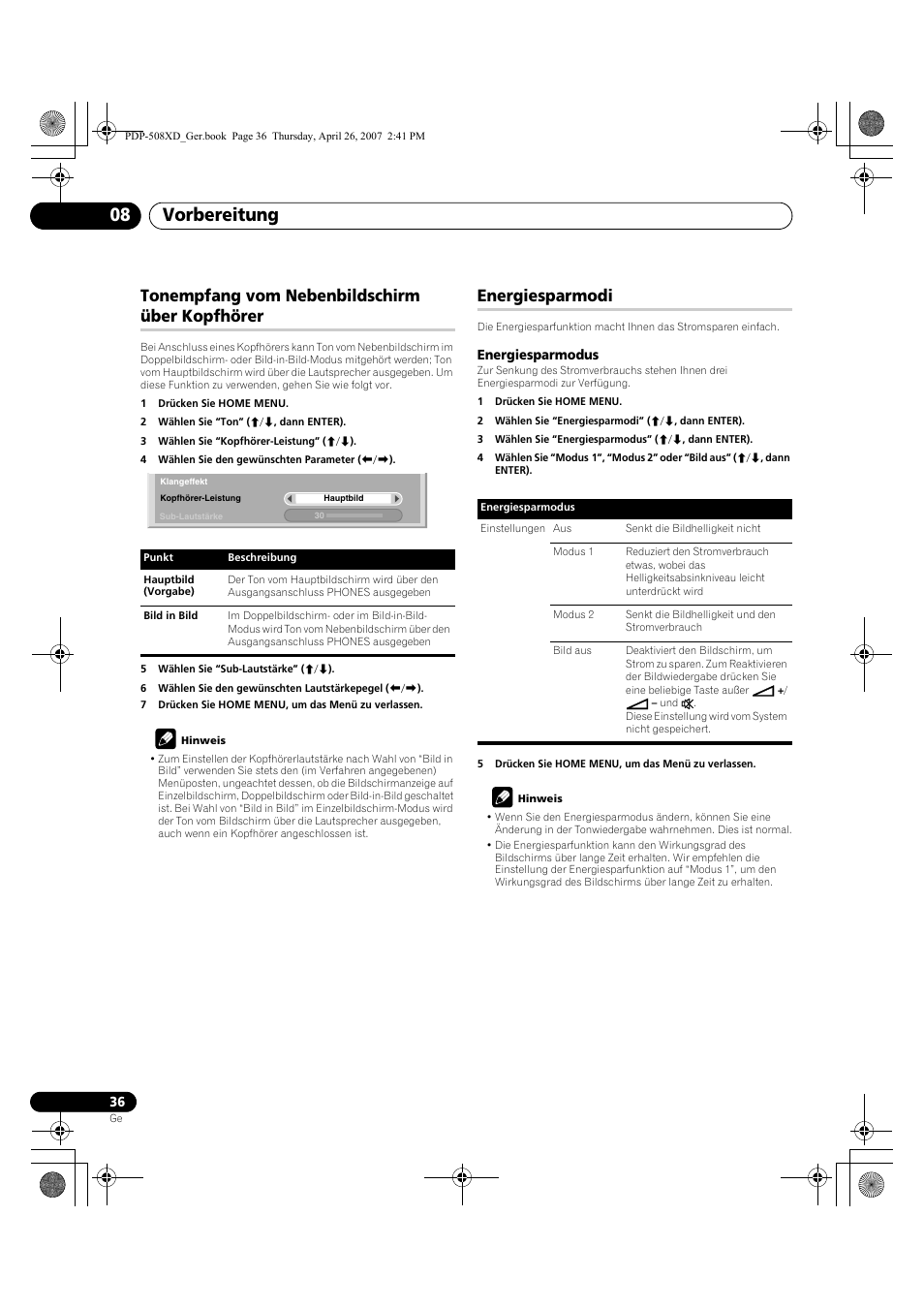 Vorbereitung 08, Tonempfang vom nebenbildschirm über kopfhörer, Energiesparmodi | Pioneer PDP-428XD User Manual | Page 208 / 260