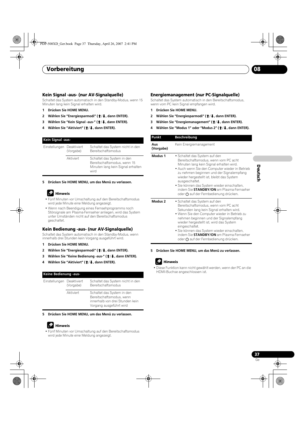 Vorbereitung 08 | Pioneer PDP-428XD User Manual | Page 209 / 260