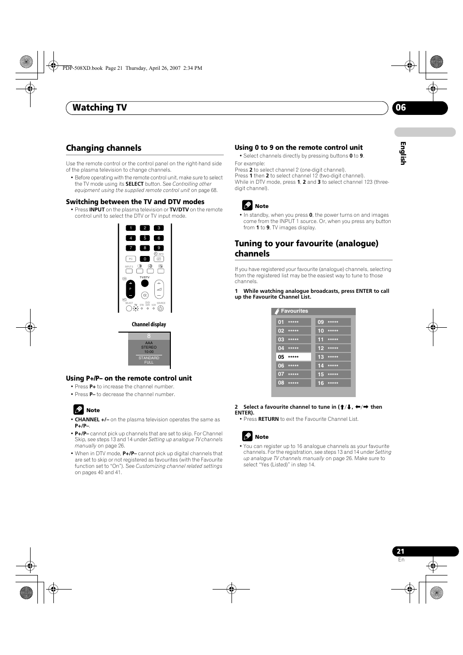 Watching tv 06, Changing channels, Tuning to your favourite (analogue) channels | English, Switching between the tv and dtv modes, Using p+/p– on the remote control unit, Using 0 to 9 on the remote control unit | Pioneer PDP-428XD User Manual | Page 21 / 260