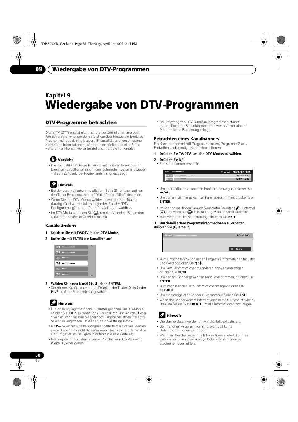 09 wiedergabe von dtv-programmen, Dtv-programme betrachten, Wiedergabe von dtv-programmen | Wiedergabe von dtv-programmen 09, Kapitel 9 | Pioneer PDP-428XD User Manual | Page 210 / 260