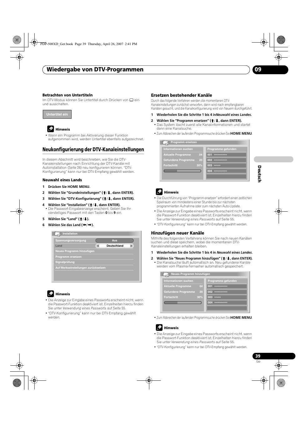 Neukonfigurierung der dtv-kanaleinstellungen, Wiedergabe von dtv-programmen 09, Deut sch | Ersetzen bestehender kanäle, Hinzufügen neuer kanäle | Pioneer PDP-428XD User Manual | Page 211 / 260
