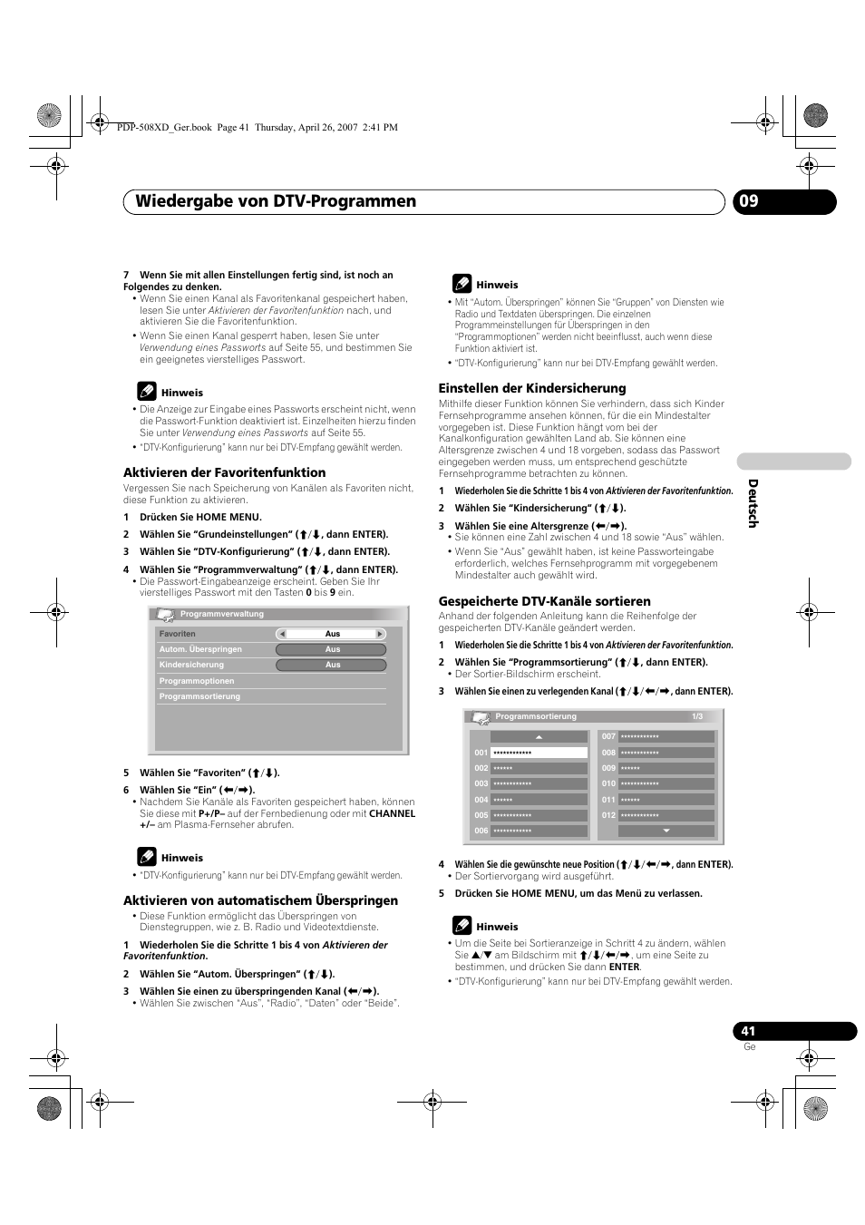 Wiedergabe von dtv-programmen 09, Deut sch, Aktivieren der favoritenfunktion | Aktivieren von automatischem überspringen, Einstellen der kindersicherung, Gespeicherte dtv-kanäle sortieren | Pioneer PDP-428XD User Manual | Page 213 / 260