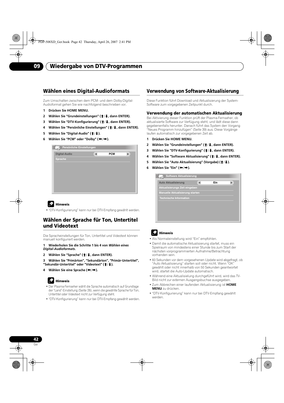 Videotext, Verwendung von software-aktualisierung, Wiedergabe von dtv-programmen 09 | Wählen eines digital-audioformats | Pioneer PDP-428XD User Manual | Page 214 / 260