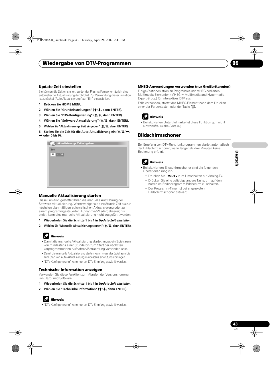 Bildschirmschoner, Wiedergabe von dtv-programmen 09 | Pioneer PDP-428XD User Manual | Page 215 / 260