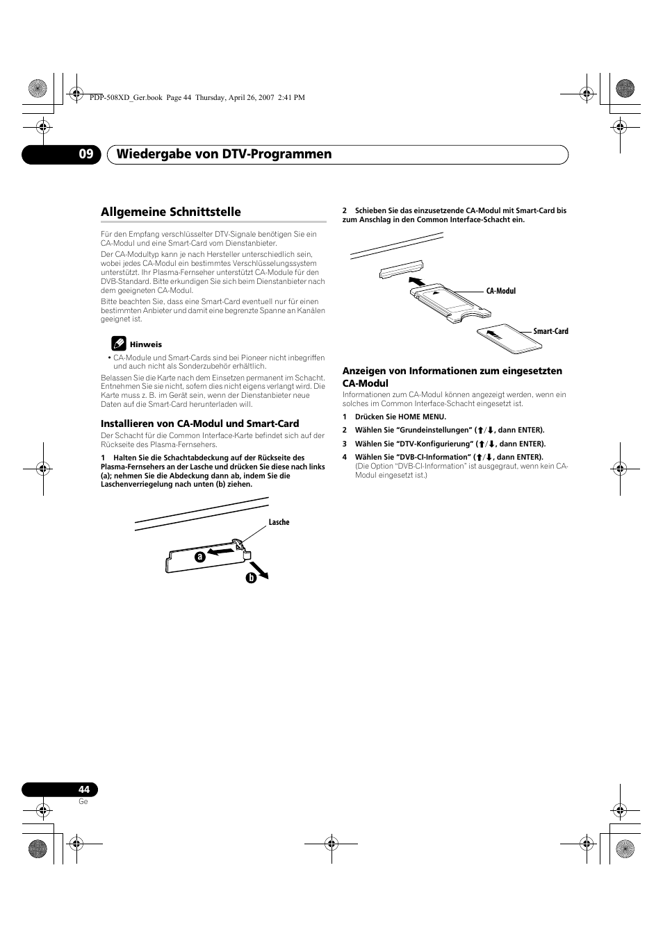 Allgemeine schnittstelle, Wiedergabe von dtv-programmen 09 | Pioneer PDP-428XD User Manual | Page 216 / 260