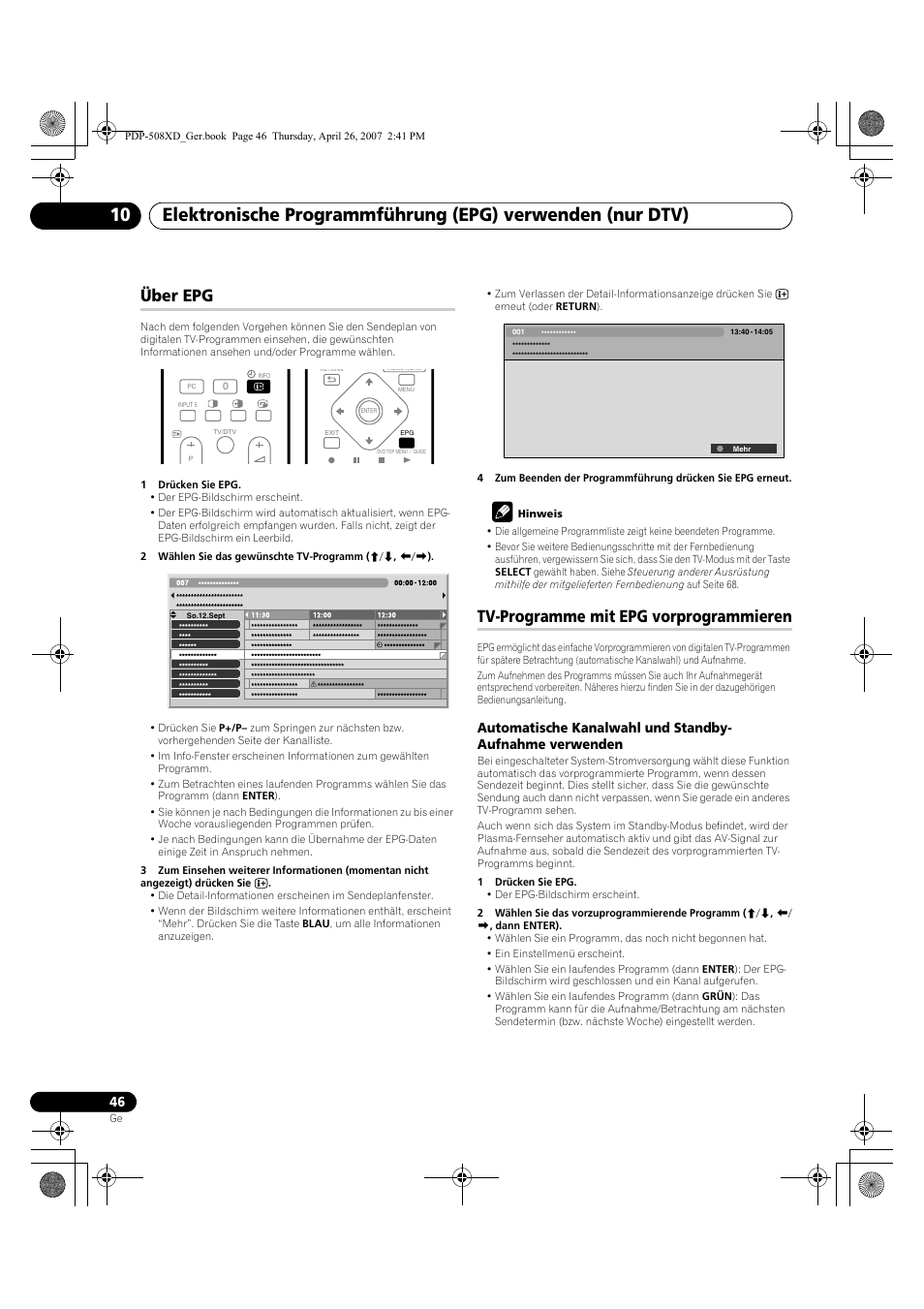 Über epg tv-programme mit epg vorprogrammieren, Über epg, Tv-programme mit epg vorprogrammieren | Pioneer PDP-428XD User Manual | Page 218 / 260