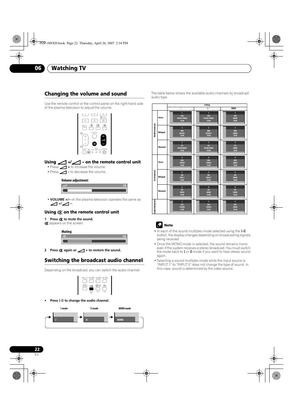 Watching tv 06, Changing the volume and sound, Switching the broadcast audio channel | Using i +/ i – on the remote control unit, Using e on the remote control unit, Volume adjustment muting | Pioneer PDP-428XD User Manual | Page 22 / 260