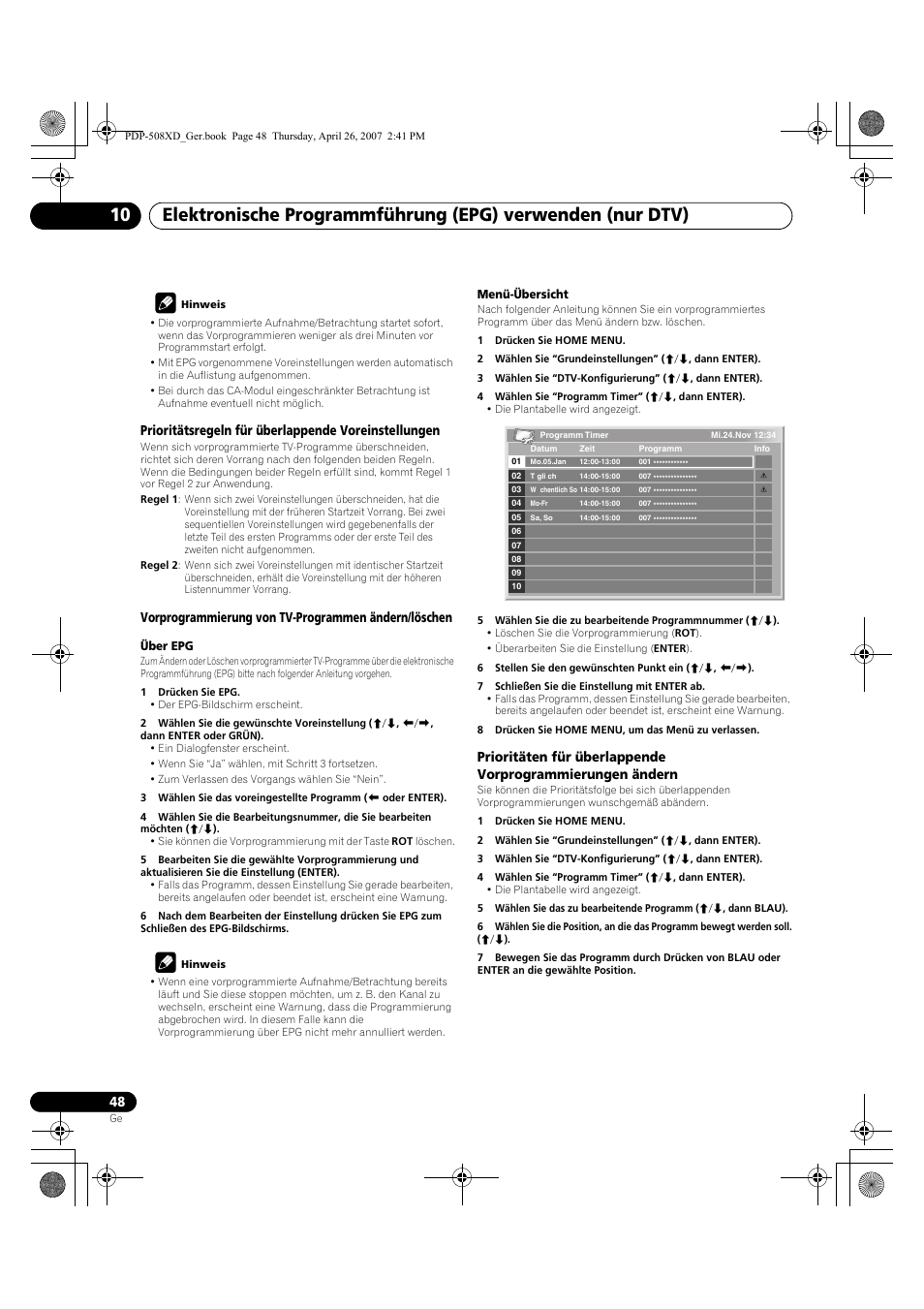 Prioritätsregeln für überlappende voreinstellungen, Vorprogrammierung von tv-programmen ändern/löschen | Pioneer PDP-428XD User Manual | Page 220 / 260