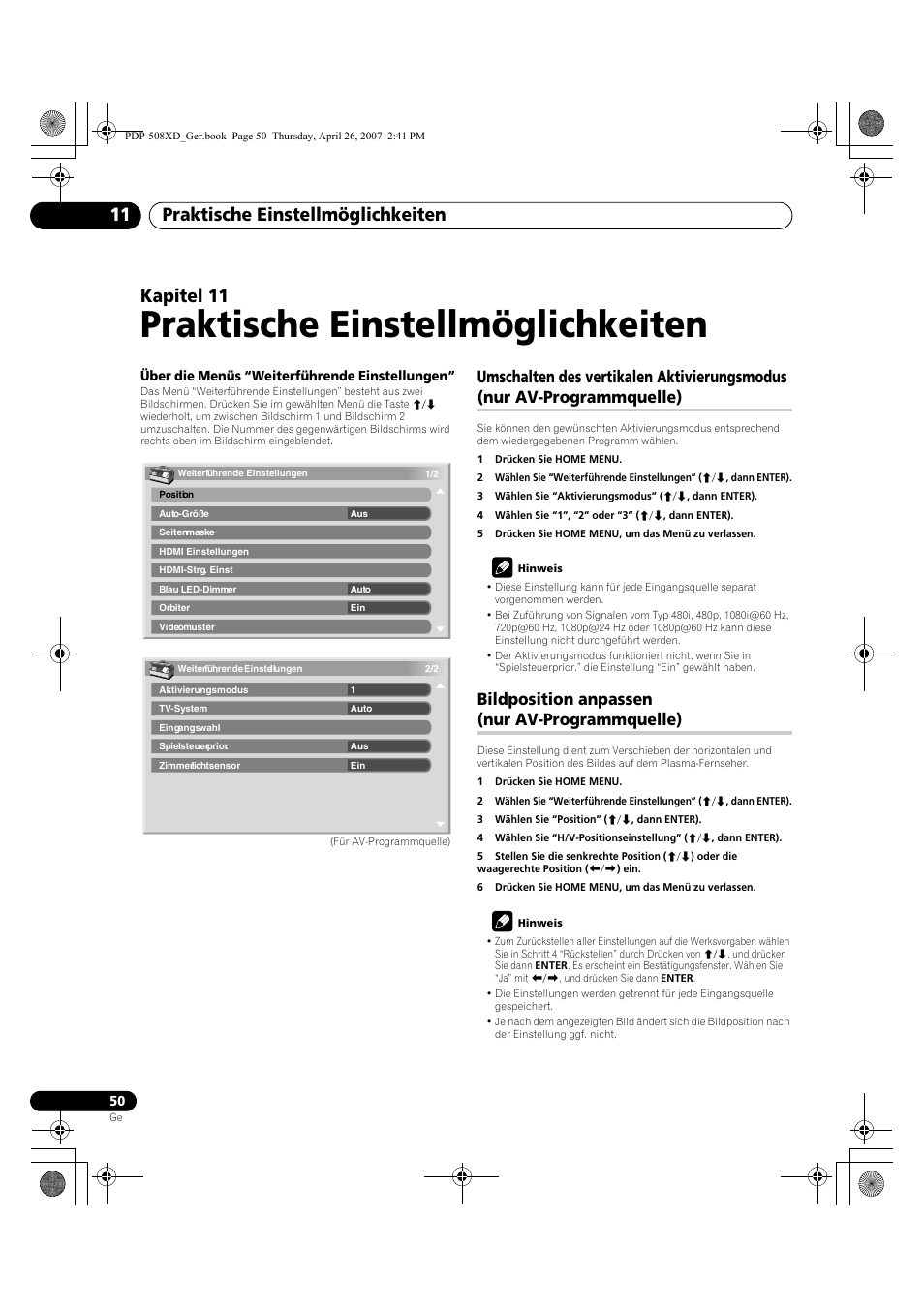 11 praktische einstellmöglichkeiten, Umschalten des vertikalen aktivierungsmodus, Nur av-programmquelle) | Bildposition anpassen, Praktische einstellmöglichkeiten, Praktische einstellmöglichkeiten 11, Kapitel 11, Bildposition anpassen (nur av-programmquelle) | Pioneer PDP-428XD User Manual | Page 222 / 260