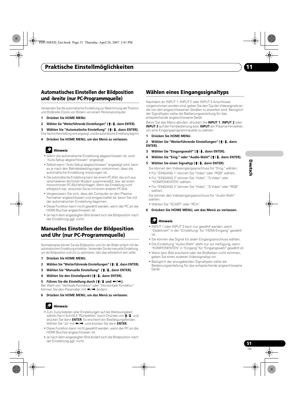 Nur pc-programmquelle), Manuelles einstellen der bildposition und uhr, Wählen eines eingangssignaltyps | Praktische einstellmöglichkeiten 11 | Pioneer PDP-428XD User Manual | Page 223 / 260