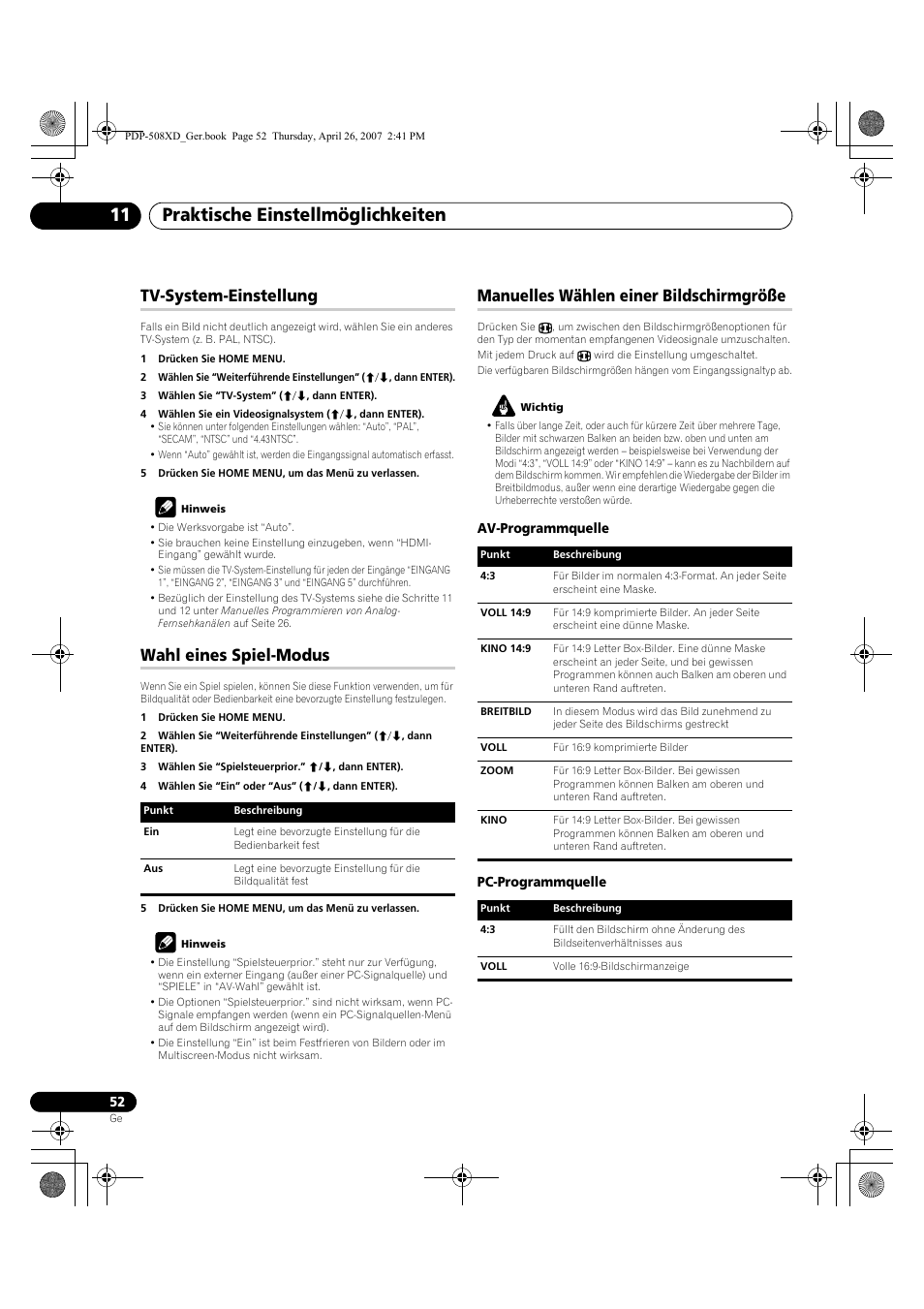 Praktische einstellmöglichkeiten 11, Tv-system-einstellung, Wahl eines spiel-modus | Manuelles wählen einer bildschirmgröße | Pioneer PDP-428XD User Manual | Page 224 / 260