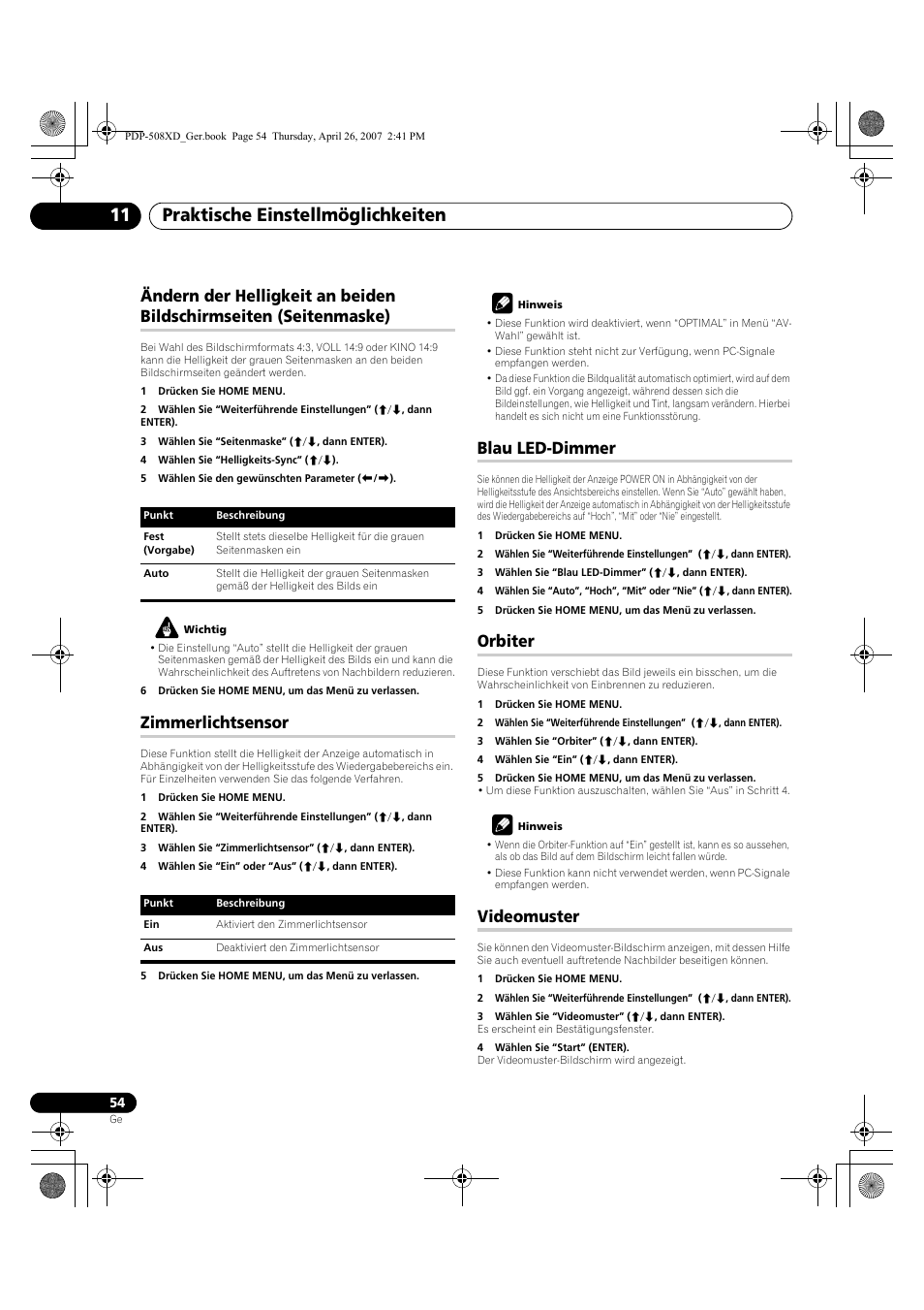 Ändern der helligkeit an beiden bildschirmseiten, Seitenmaske), Praktische einstellmöglichkeiten 11 | Zimmerlichtsensor, Blau led-dimmer, Orbiter, Videomuster | Pioneer PDP-428XD User Manual | Page 226 / 260