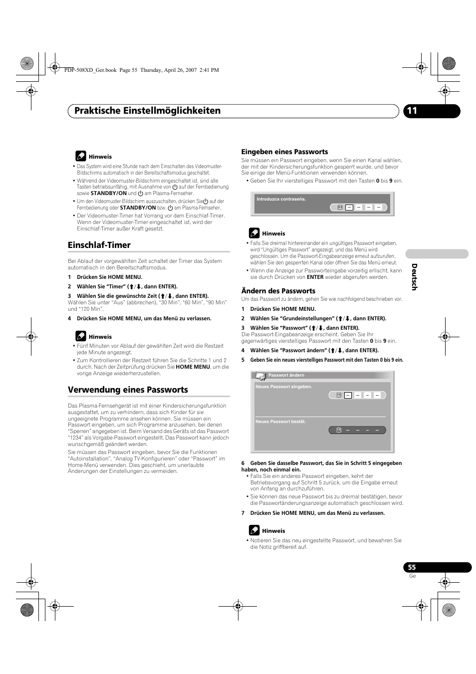 Einschlaf-timer verwendung eines passworts, Praktische einstellmöglichkeiten 11, Einschlaf-timer | Verwendung eines passworts | Pioneer PDP-428XD User Manual | Page 227 / 260