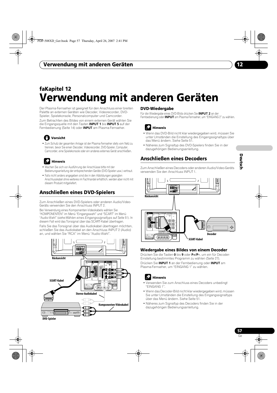 12 verwendung mit anderen geräten, Anschließen eines dvd-spielers, Anschließen eines decoders | Verwendung mit anderen geräten, Verwendung mit anderen geräten 12, Fakapitel 12 | Pioneer PDP-428XD User Manual | Page 229 / 260