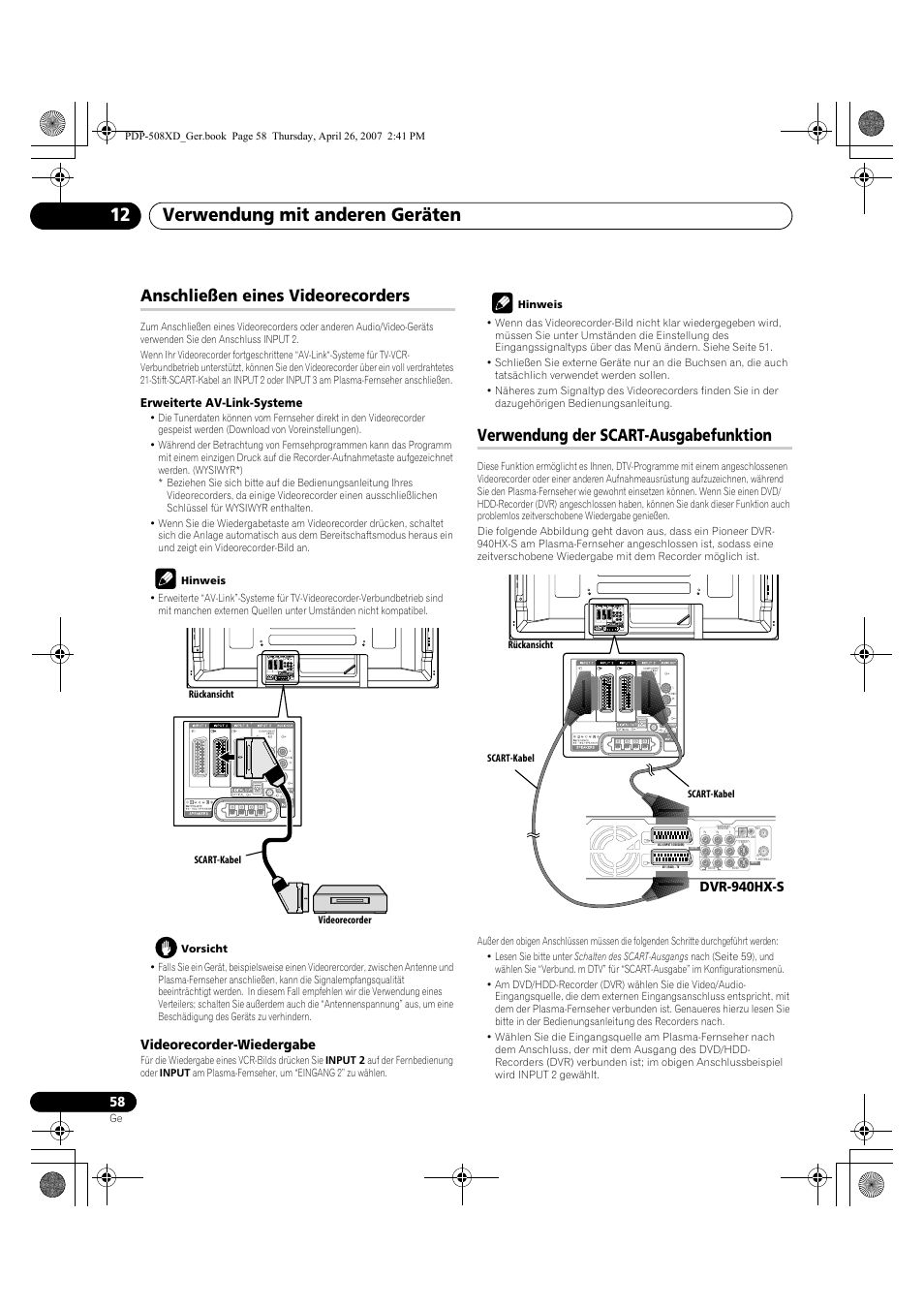 Verwendung mit anderen geräten 12, Anschließen eines videorecorders, Verwendung der scart-ausgabefunktion | Videorecorder-wiedergabe, Dvr-940hx-s | Pioneer PDP-428XD User Manual | Page 230 / 260