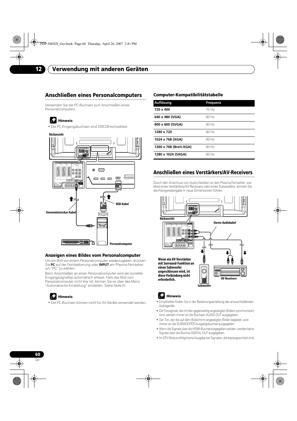 Verwendung mit anderen geräten 12, Anschließen eines personalcomputers, Anschließen eines verstärkers/av-receivers | Pioneer PDP-428XD User Manual | Page 232 / 260
