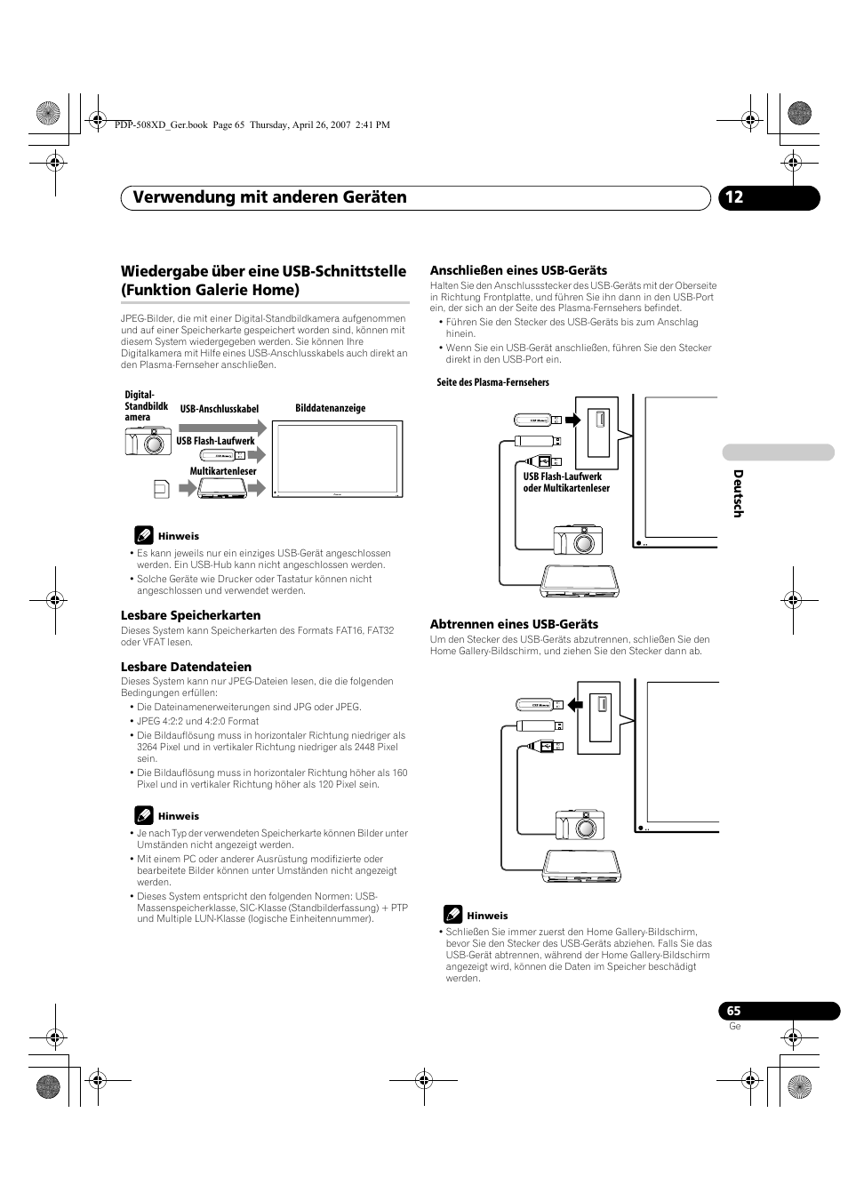 Wiedergabe über eine usb-schnittstelle, Funktion galerie home), Verwendung mit anderen geräten 12 | Pioneer PDP-428XD User Manual | Page 237 / 260