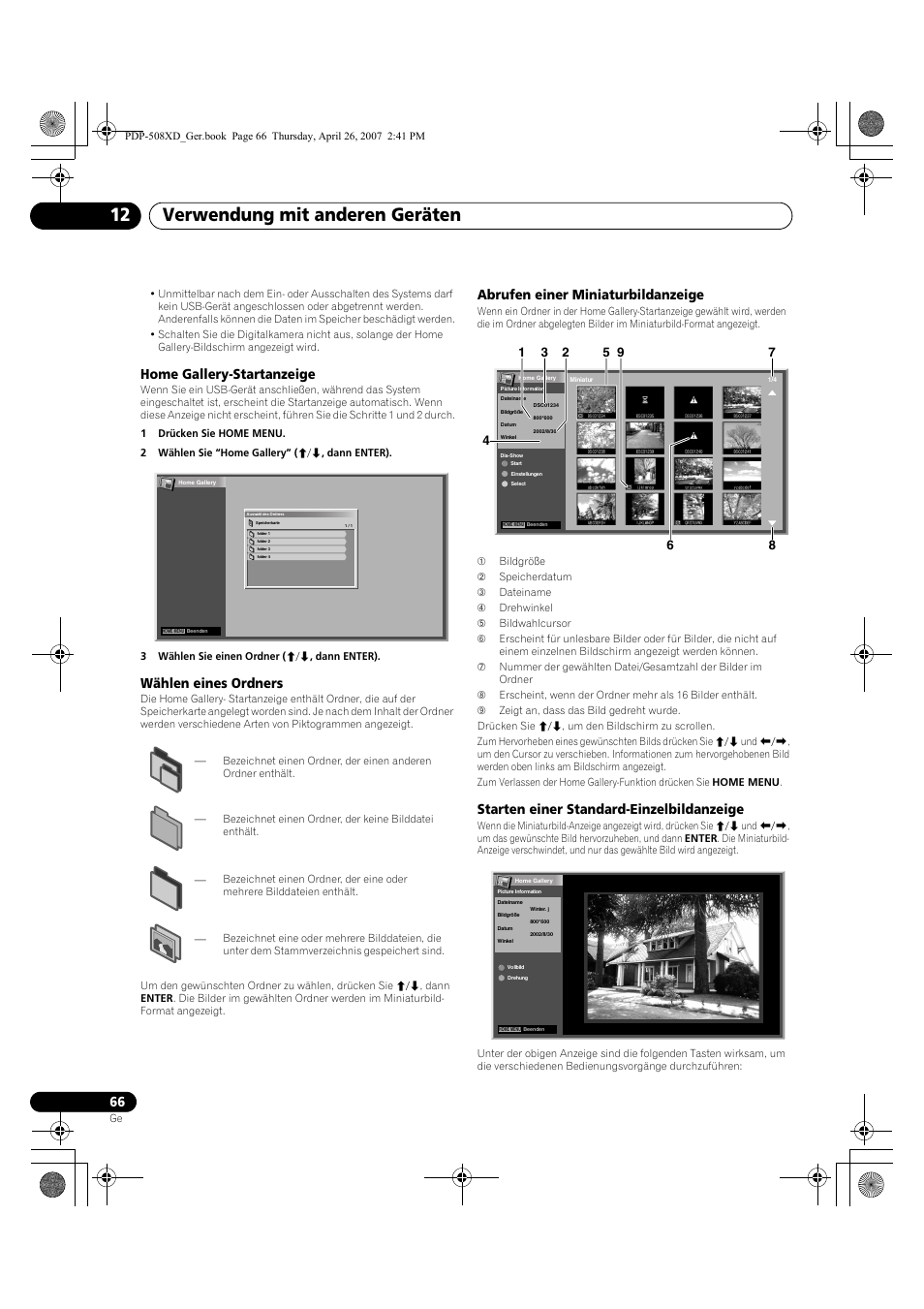 Verwendung mit anderen geräten 12, Home gallery-startanzeige, Wählen eines ordners | Abrufen einer miniaturbildanzeige, Starten einer standard-einzelbildanzeige | Pioneer PDP-428XD User Manual | Page 238 / 260