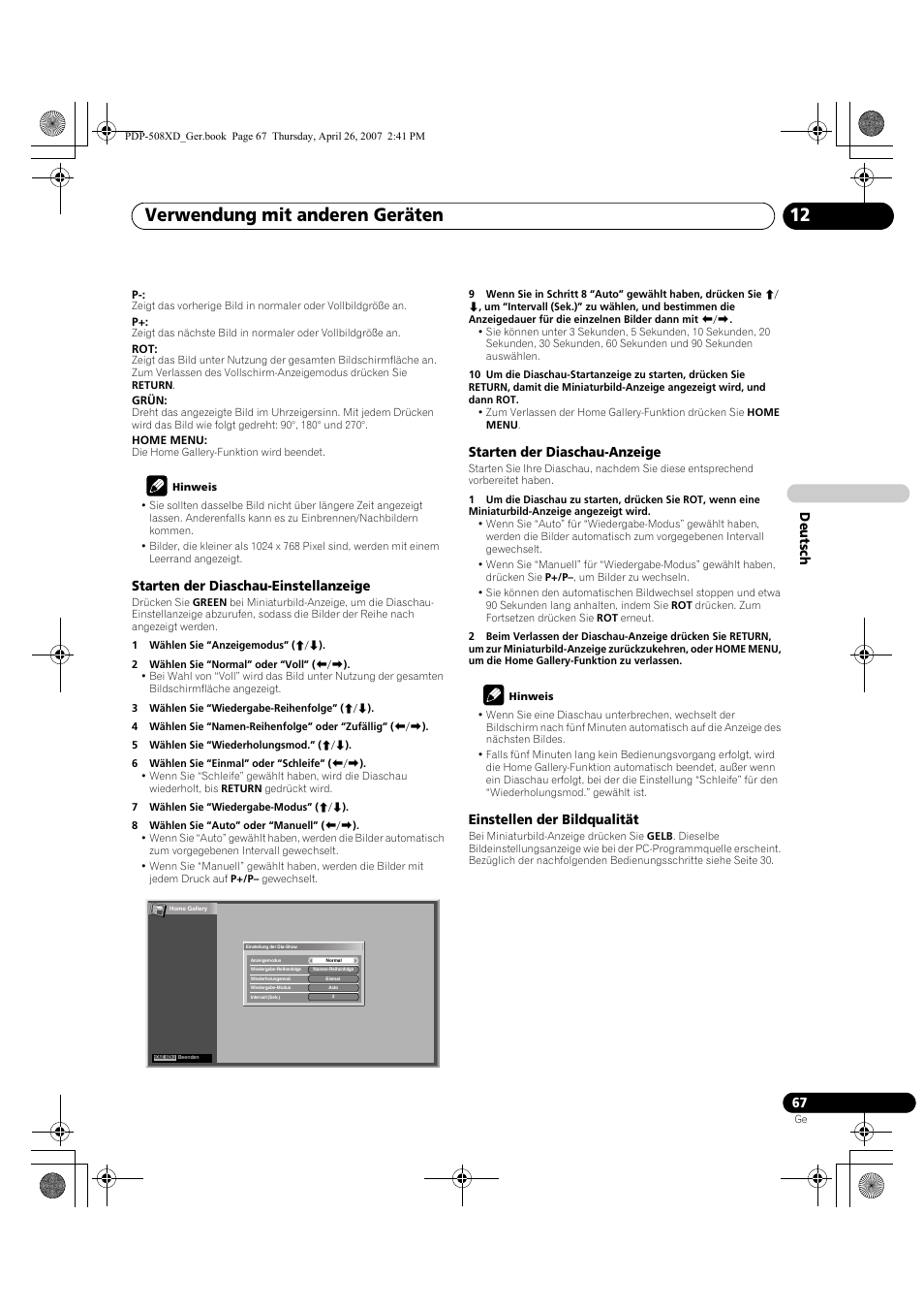 Verwendung mit anderen geräten 12, Deut sch, Starten der diaschau-einstellanzeige | Starten der diaschau-anzeige, Einstellen der bildqualität | Pioneer PDP-428XD User Manual | Page 239 / 260