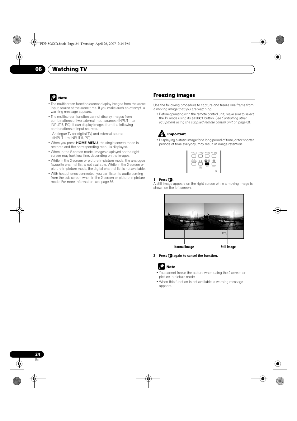 Freezing images, Watching tv 06 | Pioneer PDP-428XD User Manual | Page 24 / 260