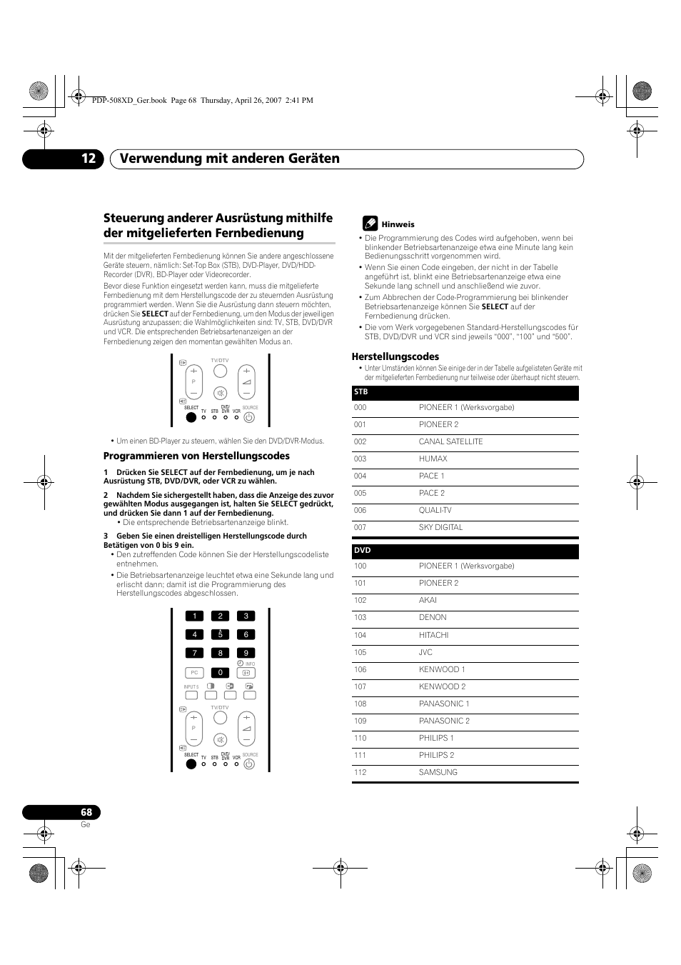 Steuerung anderer ausrüstung mithilfe der, Mitgelieferten fernbedienung, Verwendung mit anderen geräten 12 | Pioneer PDP-428XD User Manual | Page 240 / 260