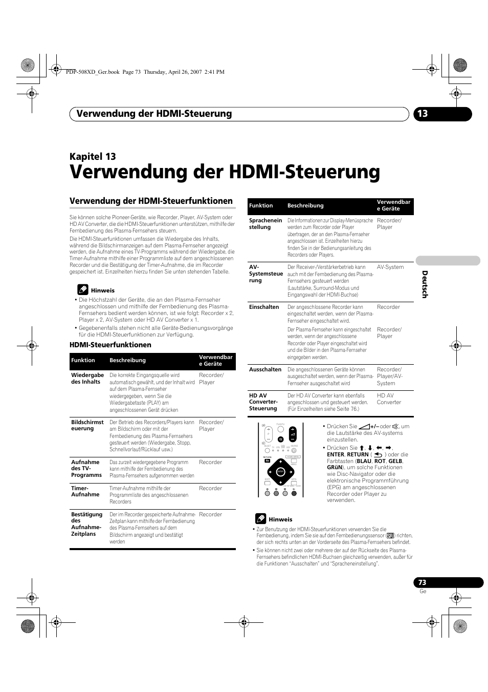 13 verwendung der hdmi-steuerung, Verwendung der hdmi-steuerfunktionen, Verwendung der hdmi-steuerung | Verwendung der hdmi-steuerung 13, Kapitel 13, Deut sch, Hdmi-steuerfunktionen | Pioneer PDP-428XD User Manual | Page 245 / 260