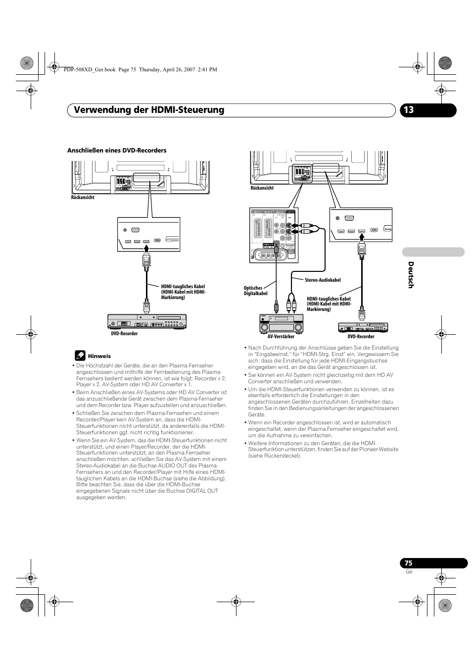 Verwendung der hdmi-steuerung 13 | Pioneer PDP-428XD User Manual | Page 247 / 260