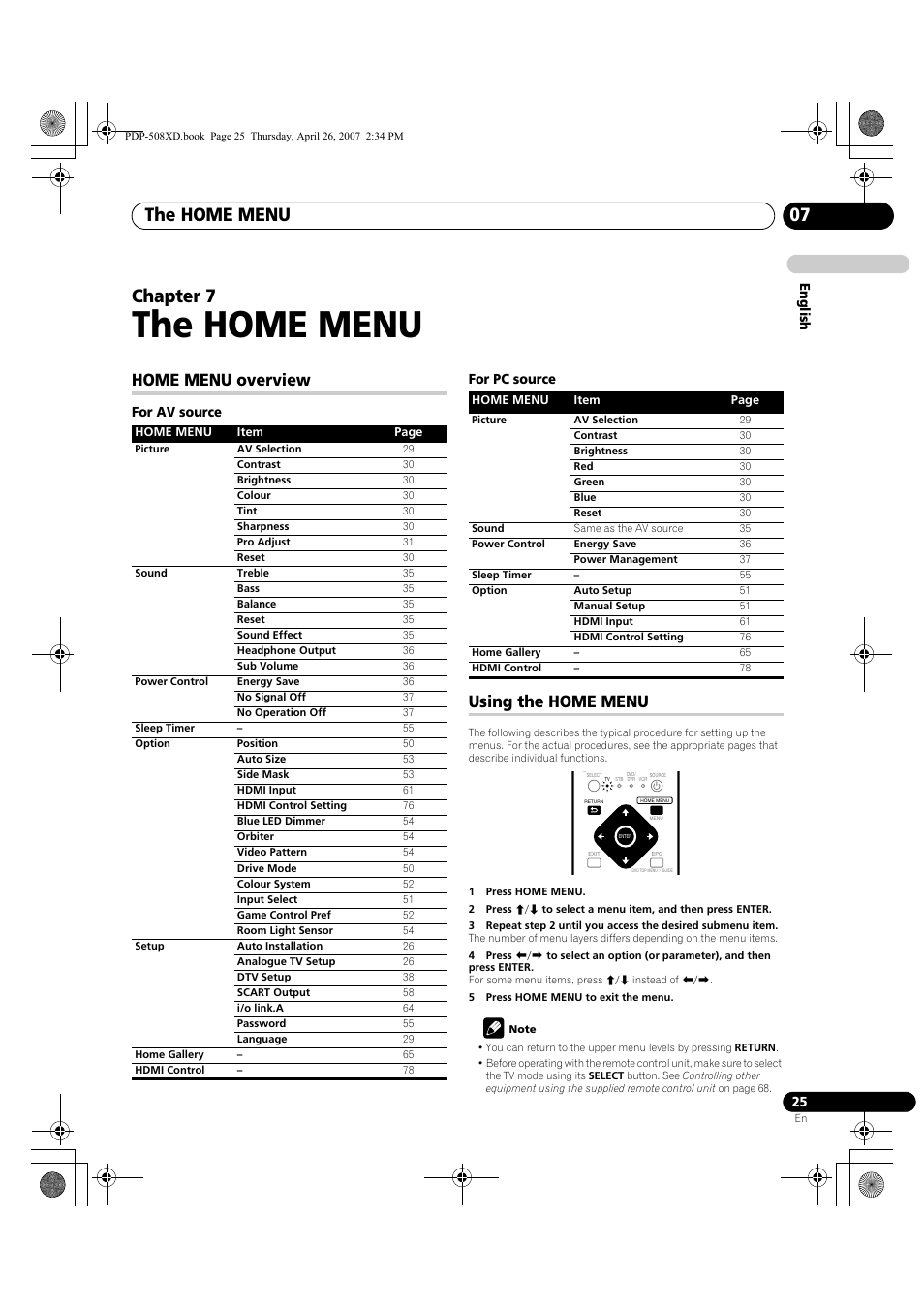 07 the home menu, Home menu overview using the home menu, The home menu | The home menu 07, Chapter 7, Home menu overview, Using the home menu | Pioneer PDP-428XD User Manual | Page 25 / 260